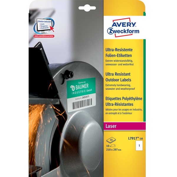 Etichette ultra resistenti polietilene flessibile Avery - 210x297mm - 1 - L7917-10 (conf.10)