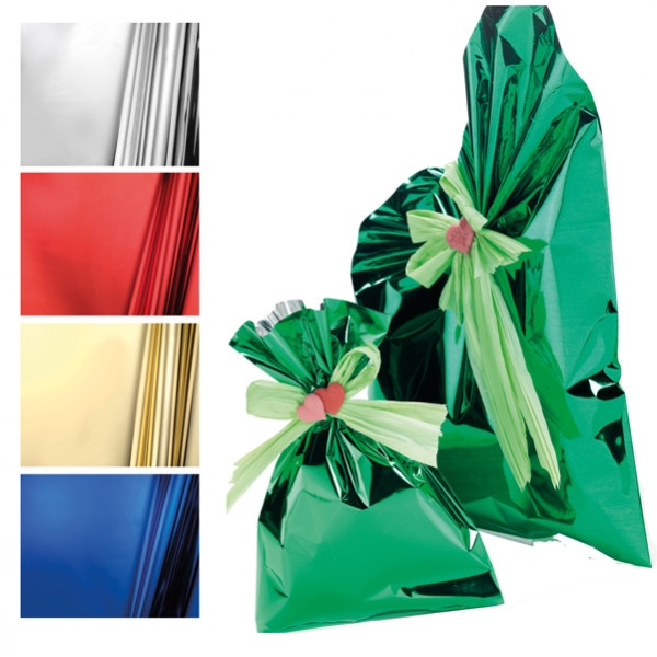 50 buste regalo in ppl metal lucido 35x50cm argento senza patella adesiva - Z05170