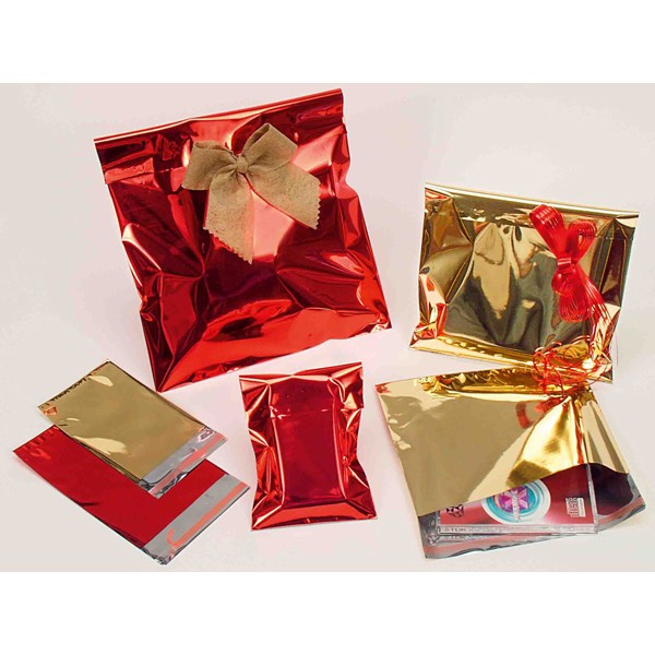 50 buste regalo in ppl metal lucido 25x40+5cm oro con patella adesiva - Z11357