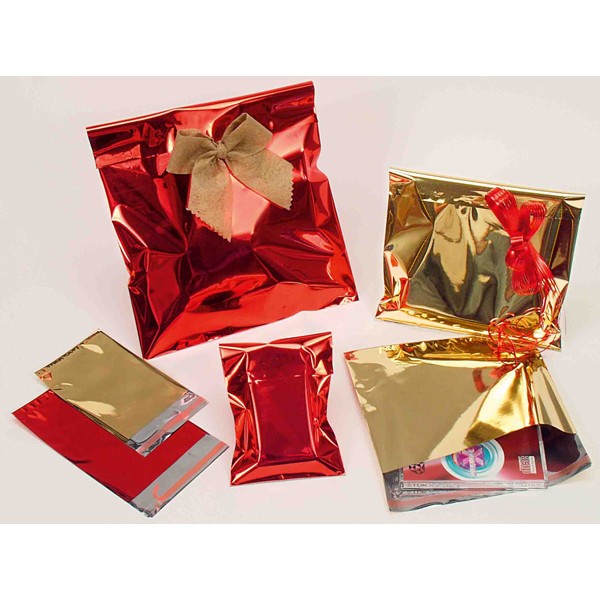 50 buste regalo in ppl metal lucido 35x50+5cm rosso con patella adesiva - Z11362