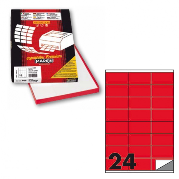 Etichetta adesiva c/500 rosso fluo 100fg A4 70x36mm (24et/fg) markin - Z12358